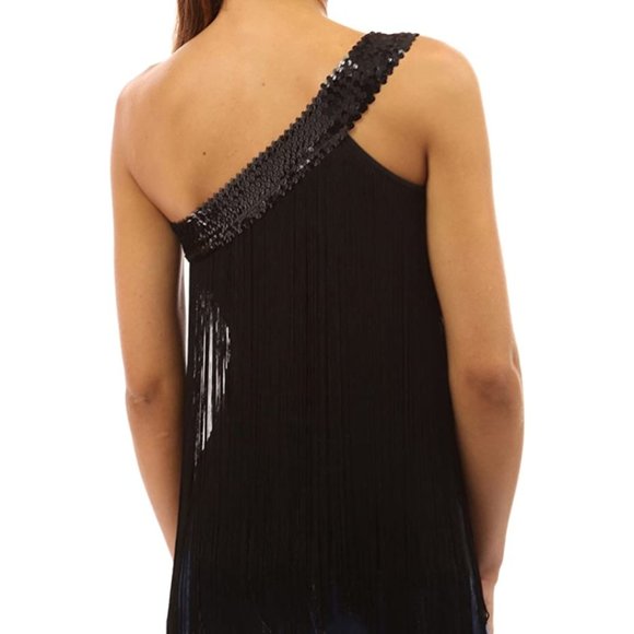 PATTYBOUTIK Womens Sequin, One Shoulder Fringe Top, Black, X-Large - Picture 5 of 5